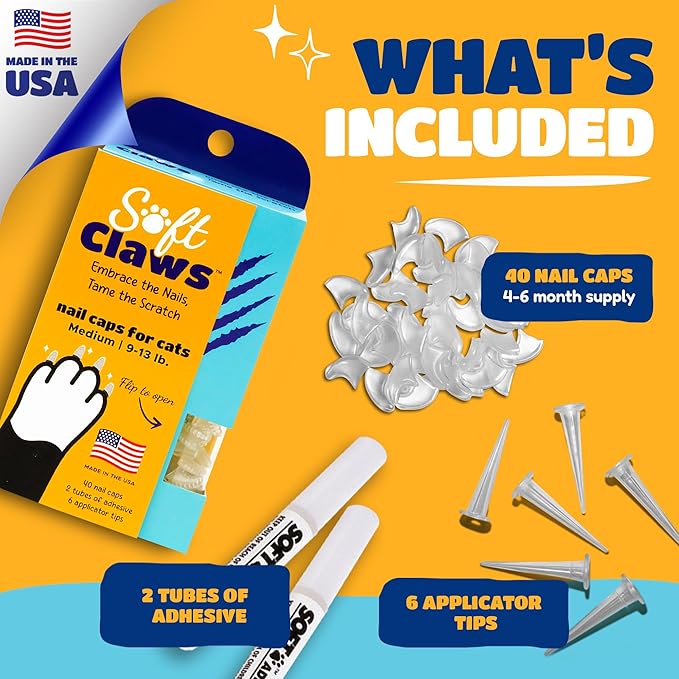 Soft Claws Cat Nail Caps for Medium Cats – (40 Caps, Clear) - Made in USA - Veterinarian-Developed | Protects Furniture & Skin - Easy to Apply, Long-Lasting Anti-Scratch Soft Cat Claw Covers