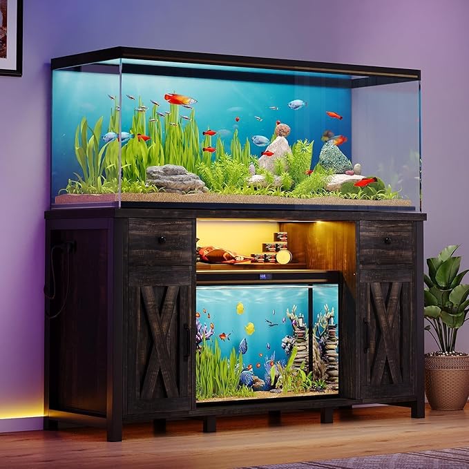 75 Gallon Fish Tank Stand with LED Light & Power Outlets, 55-75 Gallon Heavy Duty Metal Aquarium Stand with Drawers & Barn Doors, Cabinet for 2 Fish Tank Accessories Storage, Dark Oak