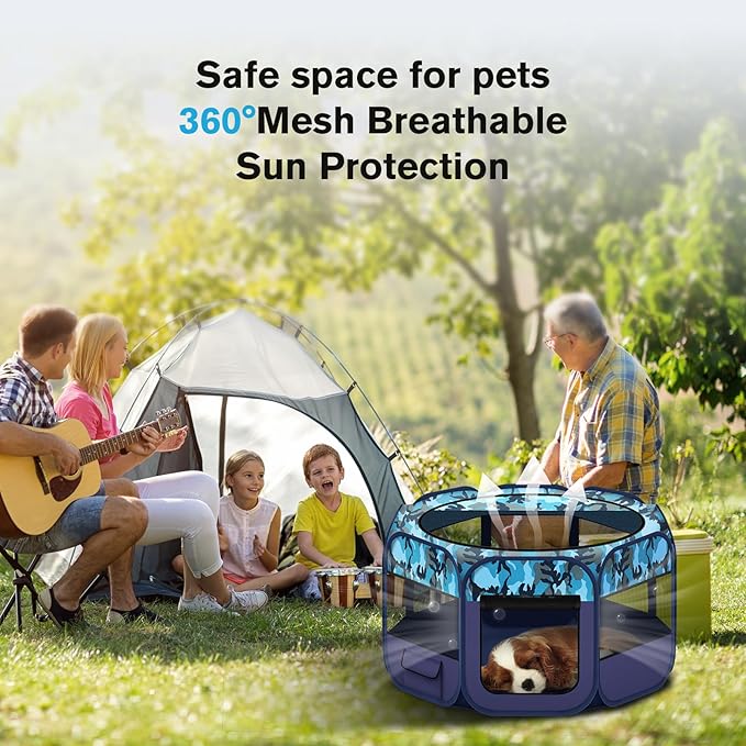 Dog Playpen, Pet Playpen, Portable Cat Playpen, Foldable Puppy Playpen Exercise Kennel Tent with Carry Case Collapsible Bowl,Water-Resistant Shade Cover for Indoor Outdoor Travel （Bule,Medium）