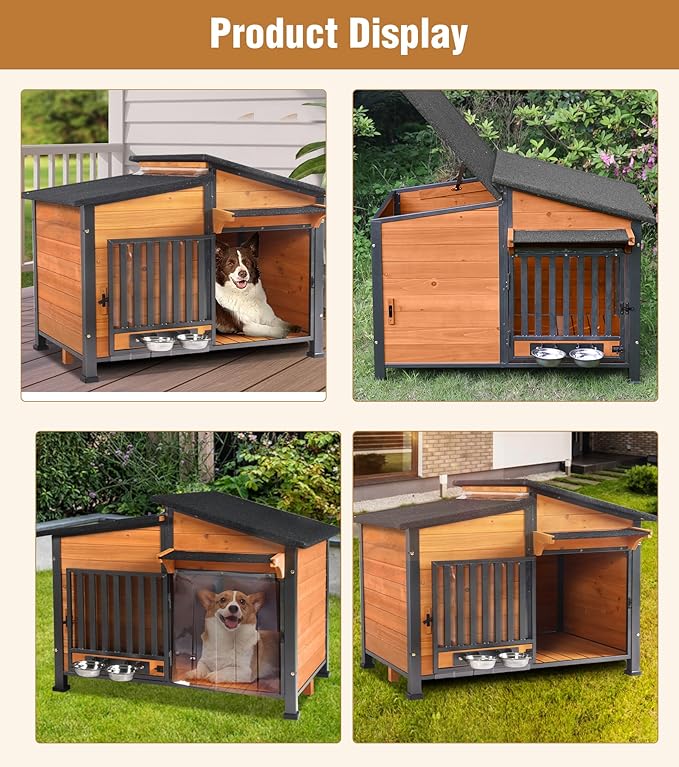 GUTINNEEN Dog House Outdoor with Anti-Chewing Metal Frame, Wooden Dog Kennel with 360° Rotating Feeding Bowl, Weatherproof Roof, for Indoor & Outdoor Use - Natural Wood Color