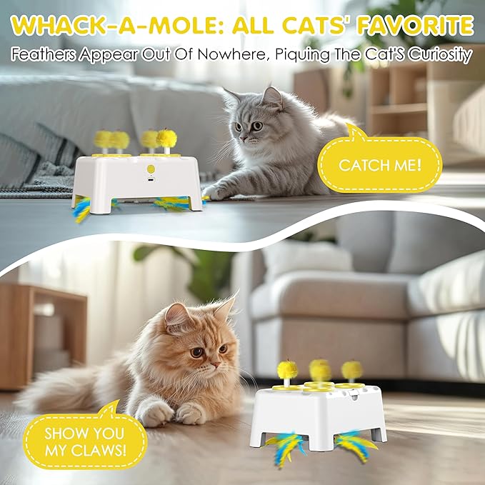 Cat Toys, 2 in1 Automatic Interactive Cat Toys for Indoor Cats, 4 Holes Mice Whack a Mole Cat Mouse Toy with Moving Feather, Rechargeable USB Power Kitten Feather Toys for All Breeds (Yellow)