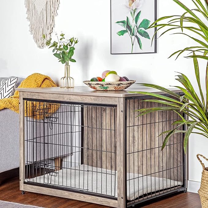 DWANTON Dog Crate Furniture with Cushion, Wooden Kennel Table with Double Doors, Indoor Dog House, Large Size, 38.5" L, Greige