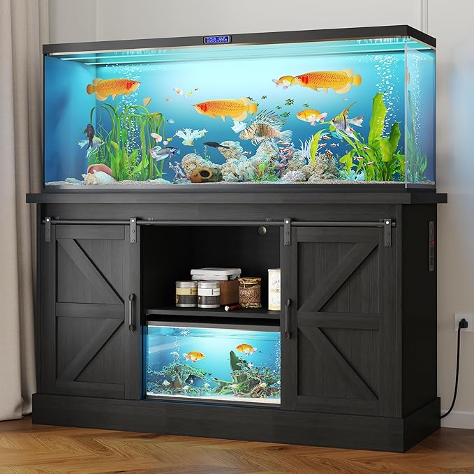 55-75 Gallon Fish Tank Stand with Sliding Barn Doors & Power Outlet, Heavy Duty Aquarium Stand with Cabinet Storage for Fish Tank, Turtle Tank, Reptile Terrarium, 1000LBS Capacity, Black