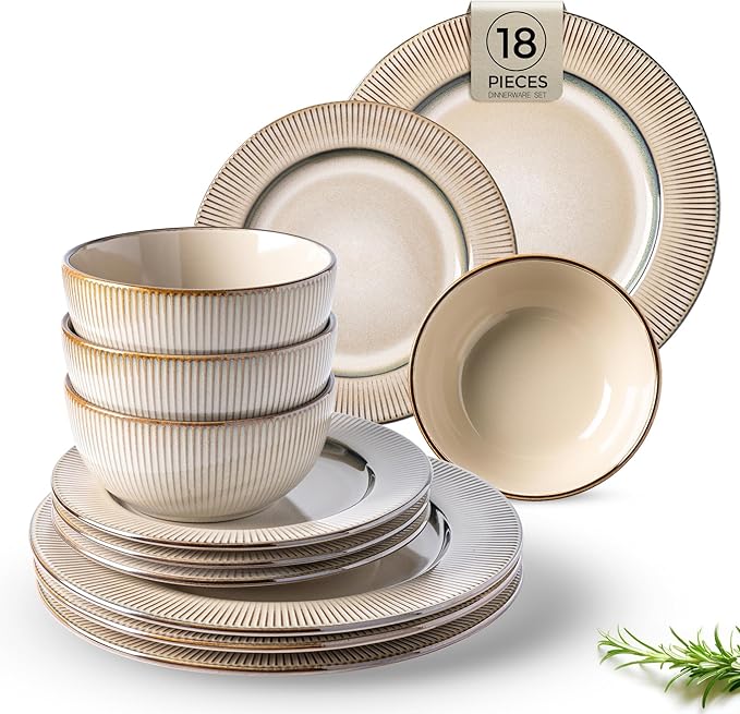 GBHOME Ceramic Dinnerware Sets, 18 Piece Embossed Elegant Stoneware Plates and Bowls Sets, Housewarming Wedding Gift | Dishwasher & Microwave Safe | Dishes Set Service for 8