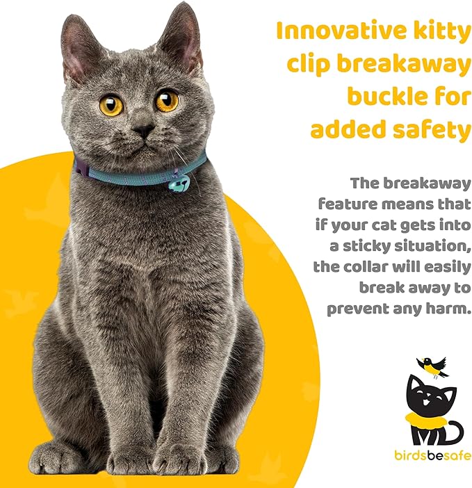 BirdsBeSafe® Break Away Cat Collar with Bell, Reflective Thread for Night Visibility, Comfortable Elastic Stretch Cat Collar to Protect Cat from Getting Stuck in The Garden.