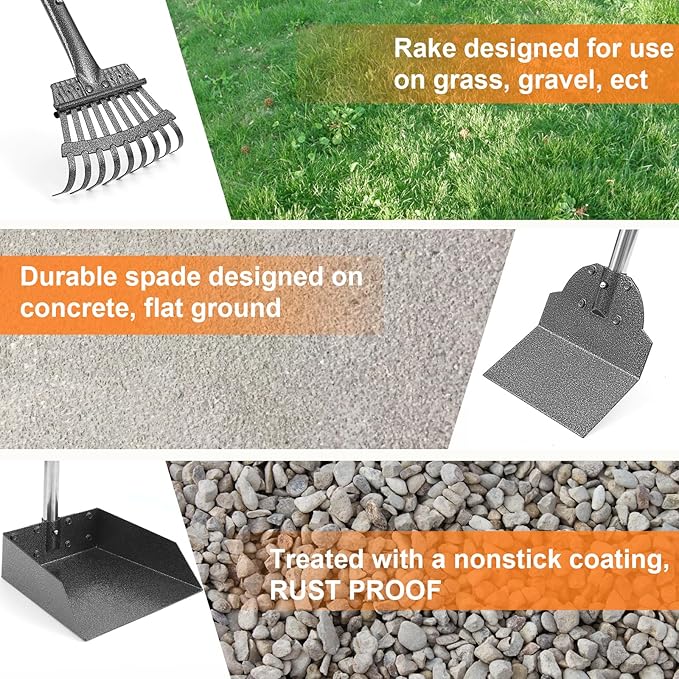 Dog Pooper Scooper, Adjustable Handle Poop Scooper with Tray,Rake and Spade Set of 3, Steel Stainless Poop Scoop for Small Medium Dogs and Pet Waste on Grass, Dirt and Gravel (Medium Size)