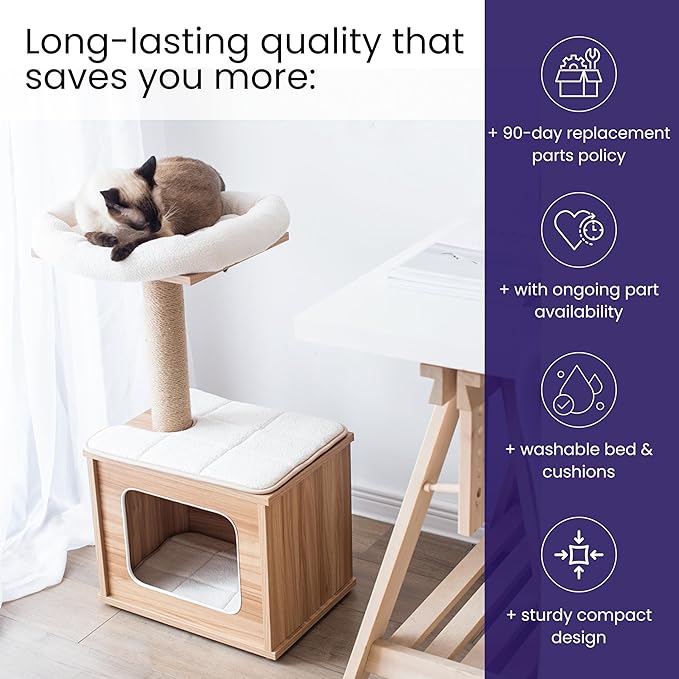 Catry 29.7" Tall 3 Level Laminated Wood Cat Tree with Large Base Condo, 2 Paded Steps, Natural Jute Scratching Post, Sturdy and Easy to Assemble for Small Cat, Brown