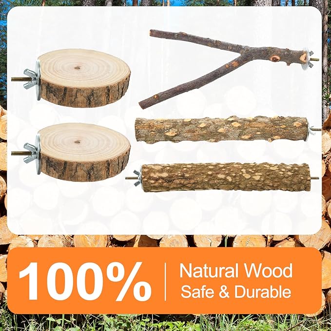 Bird Perch Stand, Pole Standing Natural Wood Bird Perch Set 7PCS Paw Grinding Fork Parrot Cage Branch with Rope Cage Accessories Toys for Parakeets, Cockatiels, Conure, Budgies