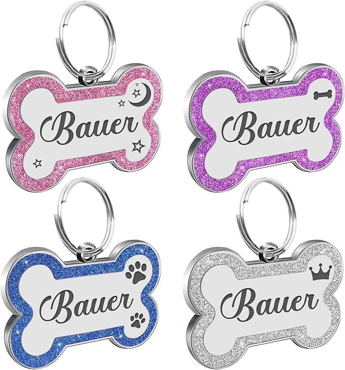Dog Tags Personalized for Pets Dog Name Tags Personalized Dog Tag Engraved with Any Name & Text Custom Dog ID Tags Glitter Bone ID Tag for Puppy Cat (Purple L, Bone)