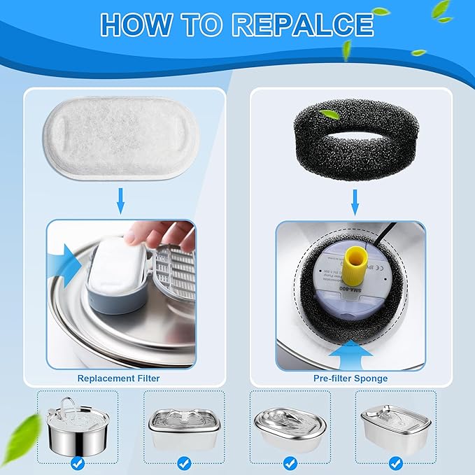 Cat Water Fountain Filters, 32 Pack Cat Replacement Filters for Stainless Steel 108oz/3.2L& 67oz/2L adjustable Flow Pet Water, Dog Fountain Filter（16+16 Pack）