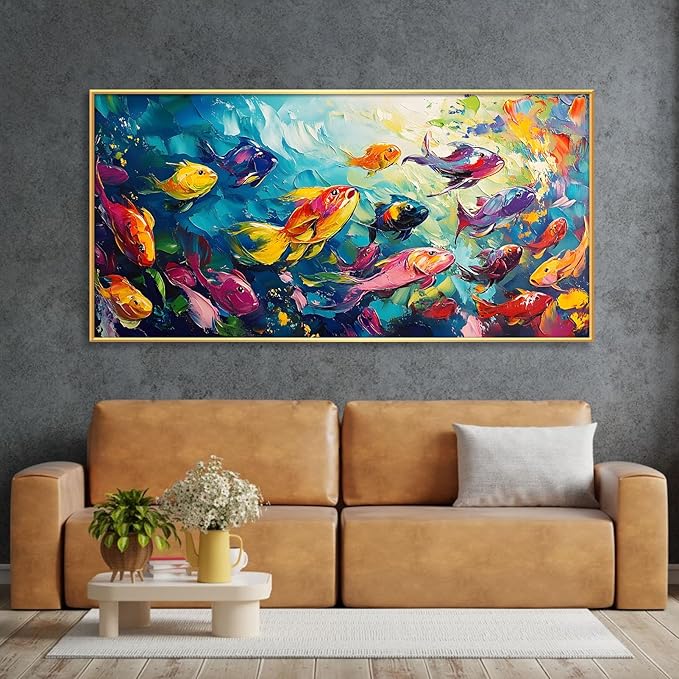 School of Fish Printed Canvas Wall Art – Framed Abstract Ocean Print – Vibrant Fish Wall Decor for Living Room, Bedroom, Office (Black Framed, 24"x12"|60x30cm)