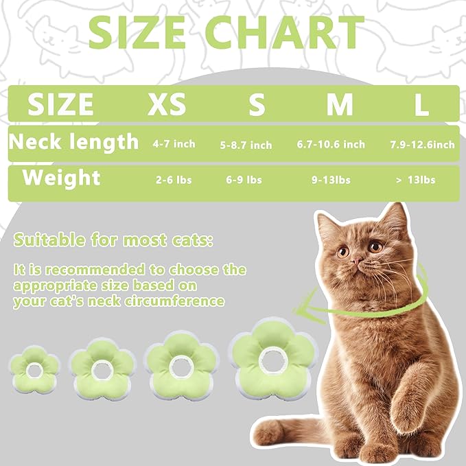 Cat Cone Collar Soft, Waterproof Cats Cones to Stop Licking After Surgery, Adjustable Soft Elizabeth Cats Collars for Wound Healing, Flower Shape Cat Recovery Collar (Green, Small)