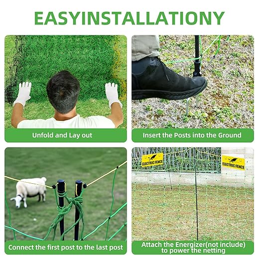 Electric Fence Netting,164'Lx49.6"H, Electric Livestock Netting with 14 Double Barbed Poles, Suitable for Pigs, Cows, Sheep and Other Large Animals, Portable Electric Fence for Farms, Ranches