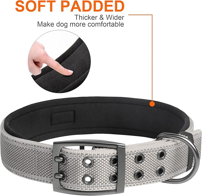 Fida Heavy Duty Dog Collar 1.5” Width, Ultra Soft Neoprene Padded, Adjustable Reflective Nylon Pet Collar with Two Metal Pin Belt Buckle for Large/X-Large Breeds (XL, Grey)
