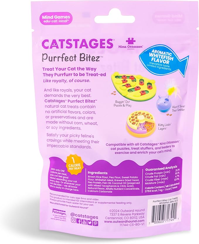 Catstages by Nina Ottosson Purrfect Bitez Natural Crunchy Cat Treats for Puzzles, Toys, Feeders, & Training, USA-Made, Real Whitefish Flavor, 4oz (Pack of 2)