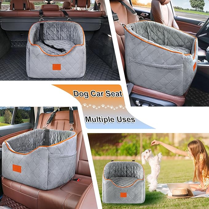Dog Car Seat for Small Dogs, Memory Foam Booster Dog Seat for Dogs up to 35 lbs, Elevated Pet Car Seat with Washable Removable Cover, Storage Pockets (Gray)