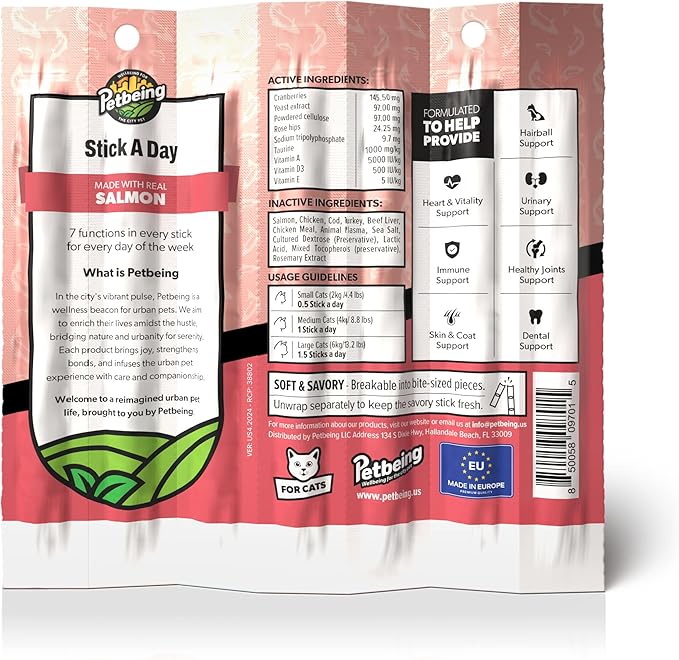Stick a Day | Specially Formulated 7-in-1 Functions Daily Real Meat Supplement for Cats | Cat Chew Stick & Pet Vitamins Supplements Combination (7-Pack x 4, Salmon)