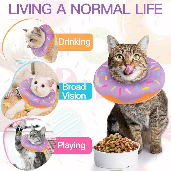 Cat Cone Collar Soft, Cute Cat Donut Collar After Surgery, Adjustable Kitten Recovery Cones to Stop Licking, Lightweight Neck Elizabethan Collars for Cats Kittens (Purple, Large)