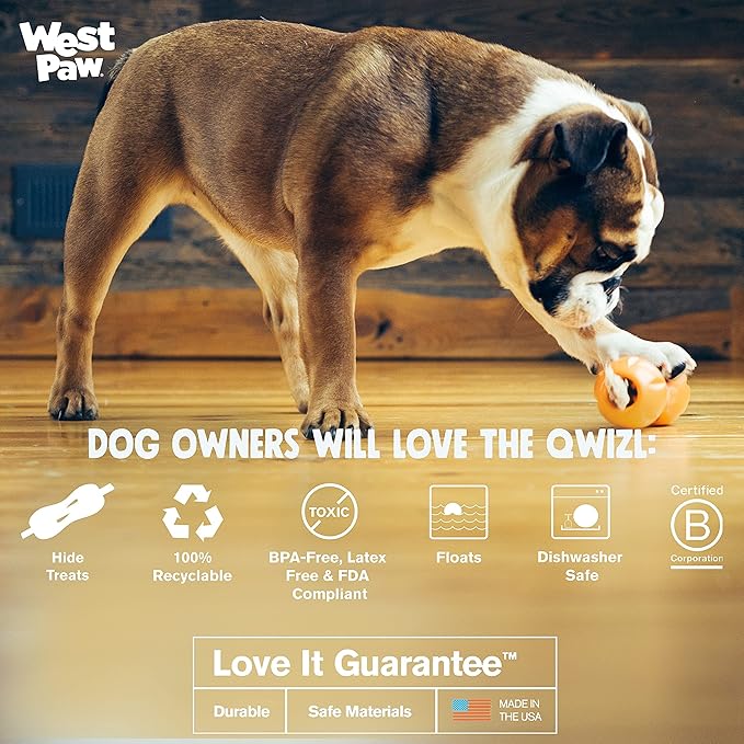 West Paw Zogoflex Qwizl Interactive Treat Dispensing Dog Puzzle Treat Toy for Dogs, 100% Guaranteed Tough, It Floats!, Made in USA, Large, Aqua Blue