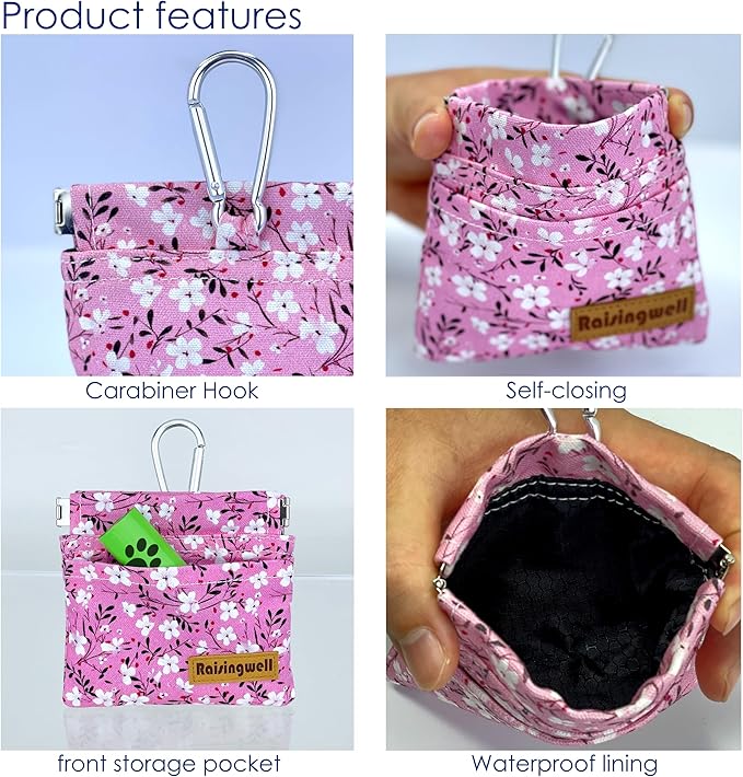Dog Treat Pouch, Small Cotton Pocket Sized Training Holder, Hand Free Walking Fanny Bag with Carabiner, Self-Closing Pet Feed Snack Reward, Behavior Aids for Puppy Travel or Outdoor Use