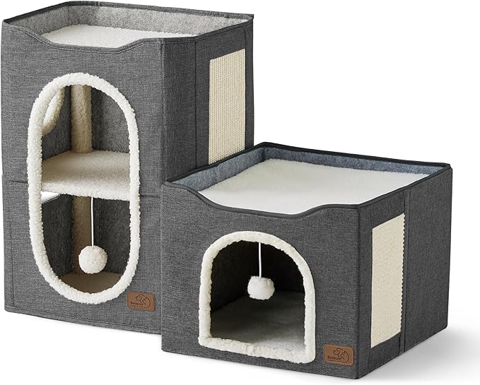 Bedsure 2 Story Cat House - Cat Condos for Indoor Cats with Scratch Pad and Fluffy Ball Hanging, Small Pet Cave Furniture Hideaway for Multi Pets, 18x14x23 inches, Dark Grey