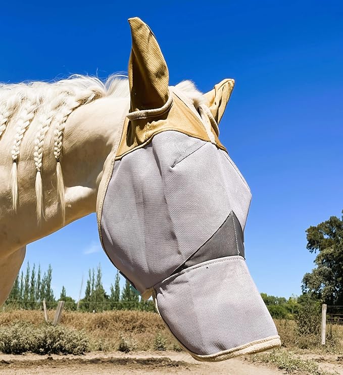 Fly Masks for Horses. Stops Sunburn, 70% Uv-Block. Breathable Fly Mask for Equines, Durable, Comfortable Fit for All-Day Protection. Horse Size, Fly Mask with Ears and Nose