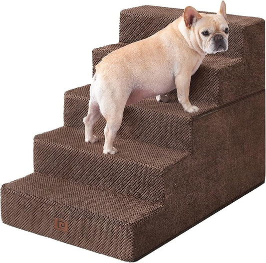 EHEYCIGA Dog Stairs for High Bed 25" H, 5-Step Extra Wide Dog Steps for Bed, Pet Steps for Small Dogs and Cats, Non-Slip Balanced Pet Ramp Indoor, Brown