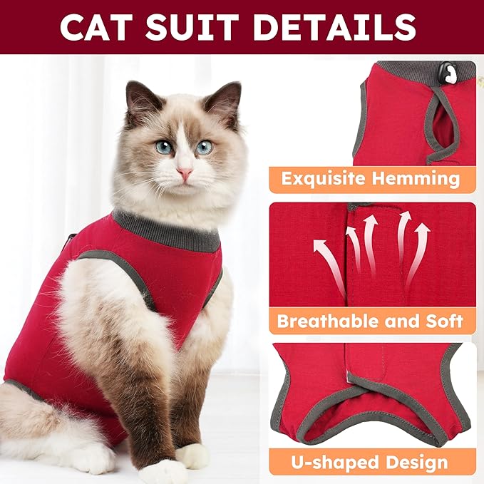 Cat Recovery Suit, Breathable Cat Surgery Recovery Suit Female, Kitten Onesie for After Surgery Spay Surgical Abdominal Wound Skin Diseases Cone of Shame Alternative (Red,S)