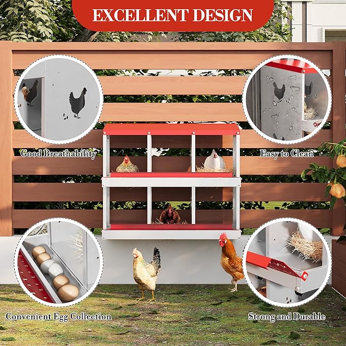 6 Hole Chicken Nesting Box with Roll Out Egg Tray, Rustproof & Ventilated Chicken Laying Boxes for Hens, Chickens, Ducks | Easy-Clean Poultry Coop Accessories