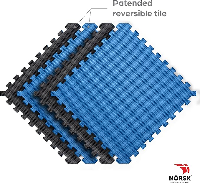 Norsk Reversible Gym Exercise Mats 3/4" Thick EVA Interlocking Foam Tiles, Perfect Home Gym Flooring, 24 Tiles & 48 Trim Pieces, 96 Sq. Ft. Reversible, Dazzling Blue/Black