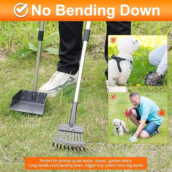 Dog Pooper Scooper, Adjustable Handle Poop Scooper with Tray,Rake and Spade Set of 3, Steel Stainless Poop Scoop for Small Medium Dogs and Pet Waste on Grass, Dirt and Gravel (Medium Size)