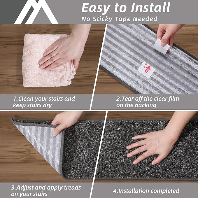 COSY HOMEER Edging Stair Treads Non-Slip Carpet Mat 28inX9in Indoor Stair Runners for Wooden Steps, Edging Stair Rugs for Kids and Dogs, 100% Polyester TPE Backing (10pc, Black)