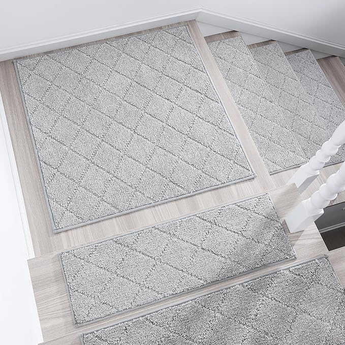 COSY HOMEER Edging Stair Treads Non-Slip Corner Indoor Stair Runners for Wooden Steps,Landing Slip Resistant Stair Rugs Mat for Kids and Dogs,100% Polyester TPE Backing,Grey,30x30 inch