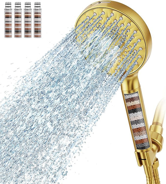 Filtered Shower Head with Handheld, High Pressure 9 Spray Mode Brushed Gold Showerhead with 4 Filters, Detachable Shower Head, Water Softener Filters Beads for Hard Water - Remove Chlorine