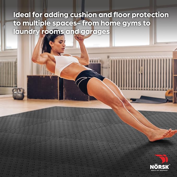 Norsk Foam Floor Gym Mats with Interlocking Tiles, .47" Thick, 24"x24", 42-Pack, 168 Square Feet, Diamond Plate Design, Black