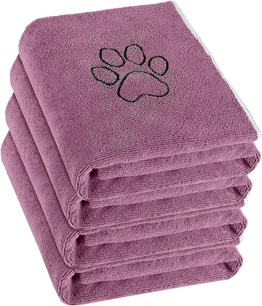 Chumia 4 Pack Dog Towels for Drying Large Microfiber Grooming Tools Absorbent Soft Bath Supplies with Embroidered Paw for Small Medium Pet Products(30 x 50 Inch,Purple)