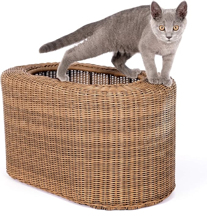 Fun Stackable Wicker Cat Hideaway House - Interactive Play Rattan Cat House for Indoor Cats Kitty, Pet Friendly Top/Side House Entry, Cat Bed Enclosed