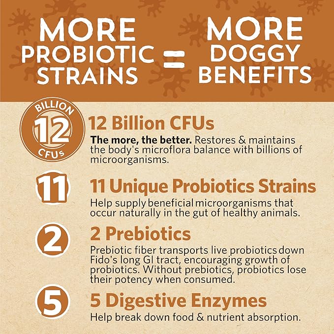 Fidobiotics Good Guts for Big Mutts Probiotic for Dogs, 12 Billion CFUs, 11 Strains, 5 Digestive Enzymes, 2 Prebiotics, Digestive Gut Health for Dogs, Adult & Puppy Probiotics Supplements (20 Days)