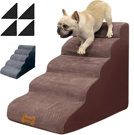 Dog Stairs & Pet Ramp for Small/Large Dogs to High Beds/Couches - 5 Steps 24-inch Height for 18-30 inch Furniture, 2 Washable Covers (Brown, Grey), Non-Slip Balanced 33D Design for Old Dogs & Cats