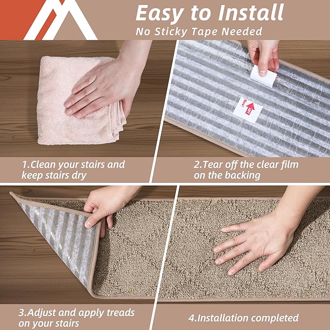 COSY HOMEER Edging Stair Treads Non-Slip Carpet Mat 28inX9in Indoor Stair Runners for Wooden Steps, Edging Stair Rugs for Kids and Dogs, 100% Polyester TPE Backing (7pc, Beige)