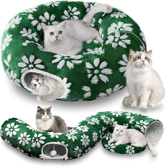 Cat Tunnel for Indoor Cats, Cute Peekaboo Cat Cave with Dangling Balls, Pet Donut Tunnel Bed with Circle Mat for Puppy Kitten Rabbit, Green Flower