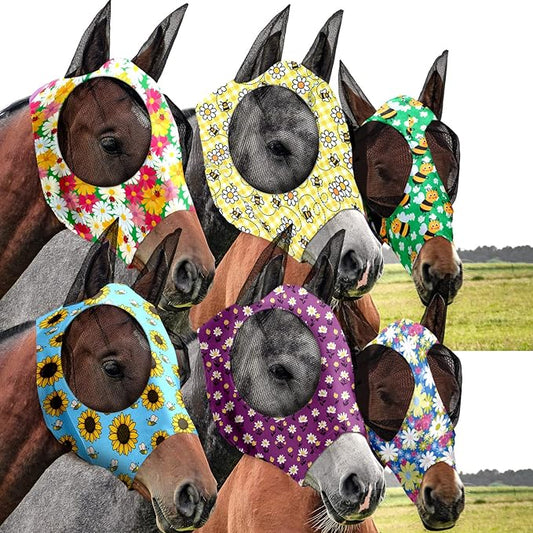 Chunful 6 Pcs Horse Fly Masks with Ears Smooth and Comfortable Cashel Mesh Fly Mask Elasticity Breathability UV Protection Horse Face Covering for Riding Supplies(Floral,Medium)