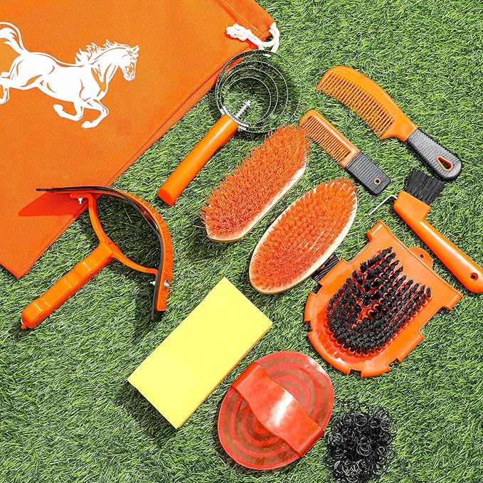 Abbylike 12 Pieces Horse Grooming Kit Racing Festival Tack Room Supplies Horse Brush Sets Equine Care Cleaning Kit Shedding Grooming Massaging Tools(Orange)