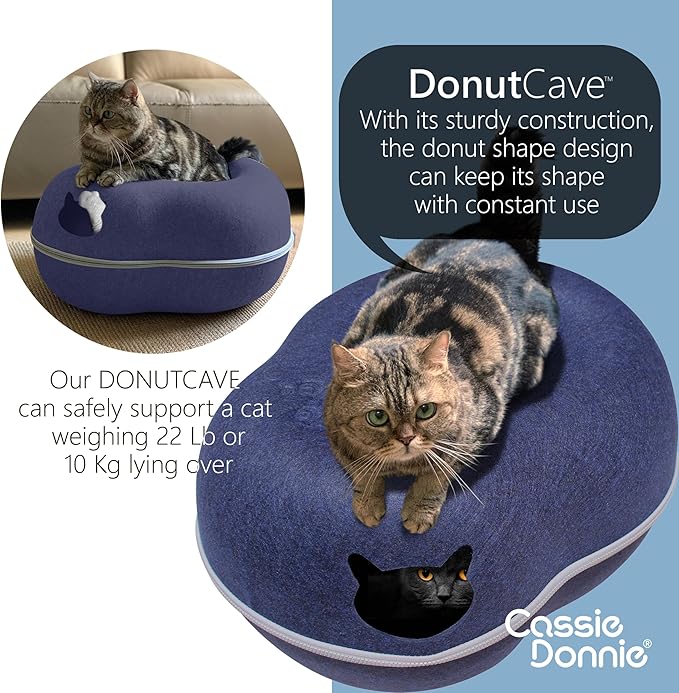 Cat Tunnel Bed for Indoor Cats, Medium Large, Donut Cave House up to 22 Lbs, Spacious for 2 Kittens (Dark Blue)