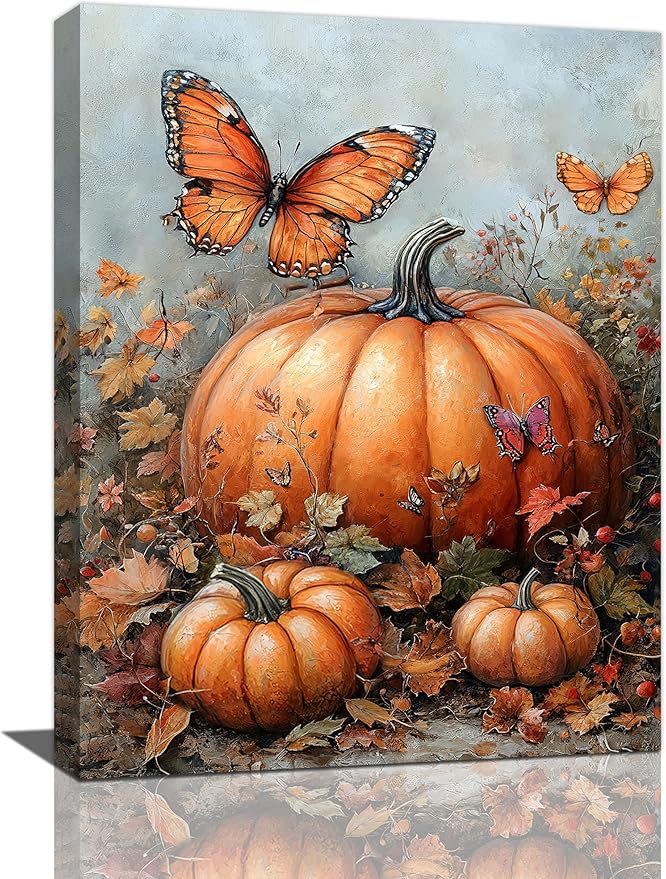Fall Pumpkin Pictures Wall Art, Rustic Thanksgiving Bathroom Wall Decor, Farmhouse Autumn Butterfly Framed Painting Canvas Artwork for Harvest Gift Bedroom Living Room Decorations 16"L x 12"W