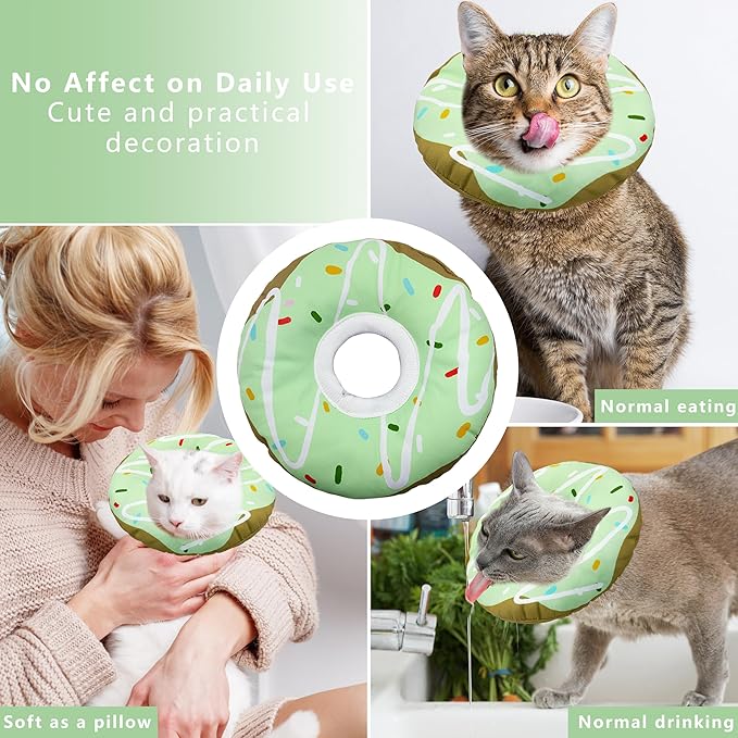 Cat Cone Collar Soft, Adjustable Cat Recovery Collar Kitten Cones to Stop Licking, Cute Donut E Collar After Surgery, Cats Neck Pillow Cone Elizabethan Cones of Shame (Waterproof Green, Large)