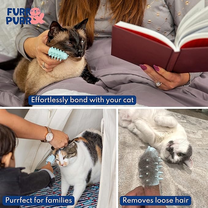 Furr&Purr Cat Brush Set for Indoor Cats - Grooming Tools: Face Scratcher, Calming Massager, and Scratching Pad (2-Pack, Made in the USA)