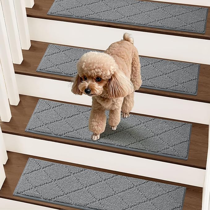 COSY HOMEER Stair Treads for Wooden Steps 9"x28" Washable Indoor Carpet Stair Treads Non Slip Soft Polyester Stair Carpet Tread Reusable Stair Runner Rugs for Kids, Elders,Pets,Medium Grey,4pcs