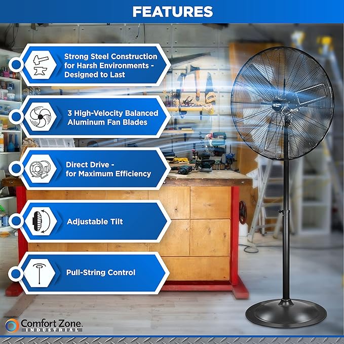 Comfort Zone Industrial Pedestal Fan, 30 inch, 3 Speed, High Velocity, Adjustable Height 56” to 76”, Metal, Meets OSHA Standards, Airflow 36 ft/sec, Ideal for Garage, Workshop or Warehouse, CZHVP30