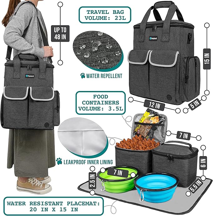 PetAmi Dog Travel Bag Pet Supplies Accessories Organizer for Traveling, Camping, Weekend; Cat Pet Travel Bag Kit Includes 2 Food Storage Containers, 2 Collapsible Bowls, 1 Feeding Mat (Dark Gray)